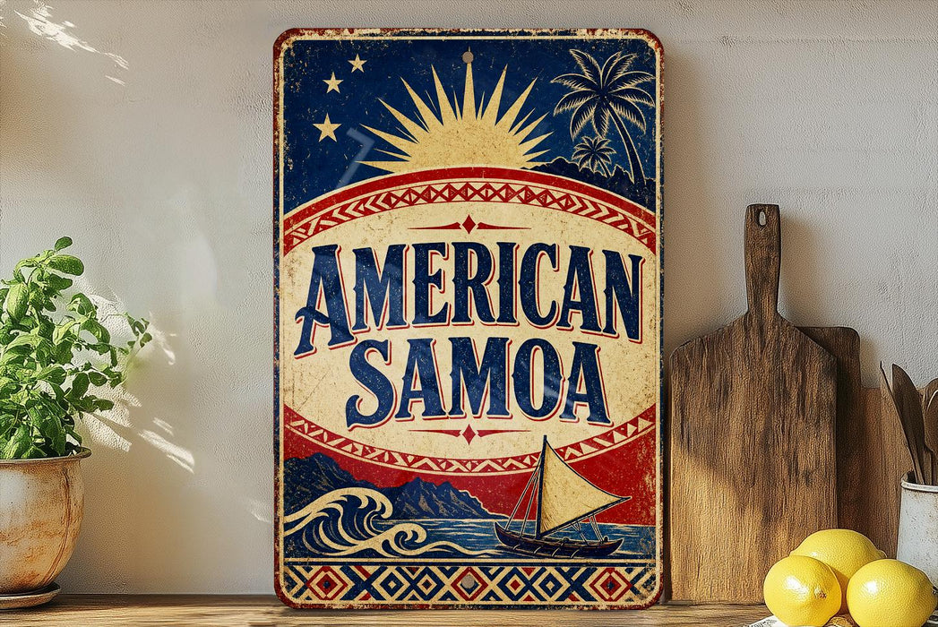 a vintage-style sign for "American Samoa" with a sailboat and tropical landscape, placed on a shelf next to a wooden cutting board and some lemons.