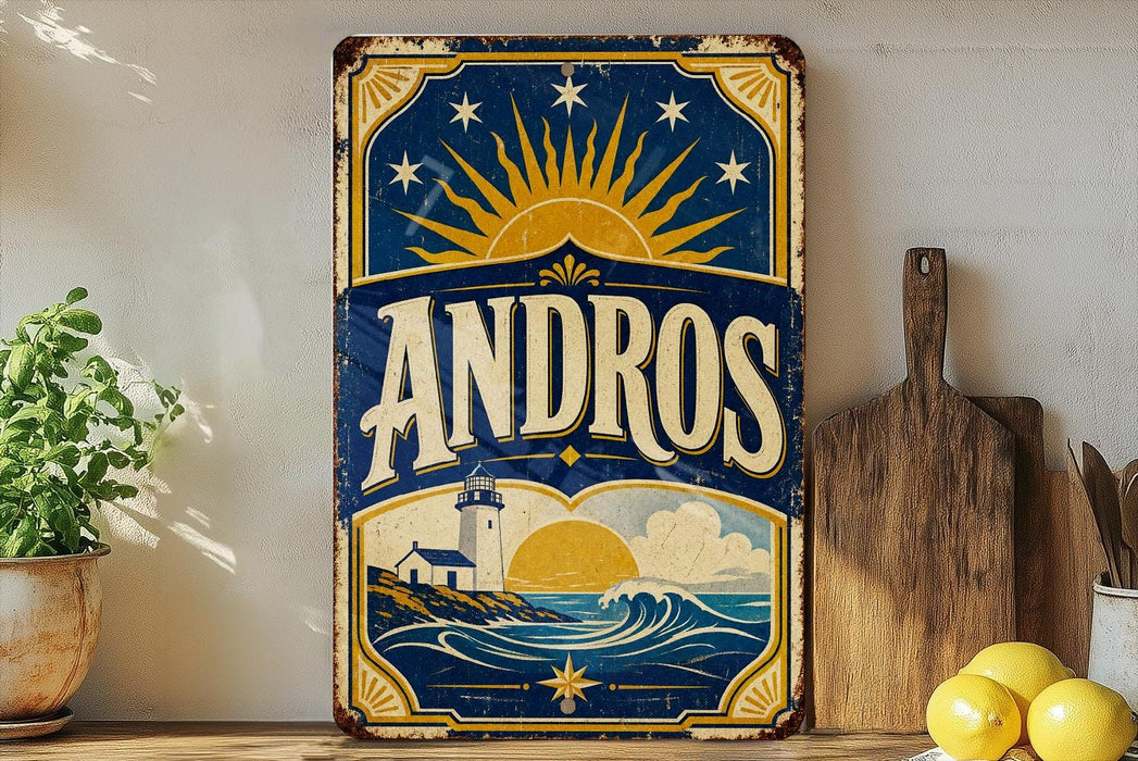 A vintage-style metal sign with the word "ANDROS" prominently displayed, featuring a lighthouse and a sun-like design. The sign is placed on a wooden surface, with a potted plant, a wooden cutting board, and some lemons nearby.