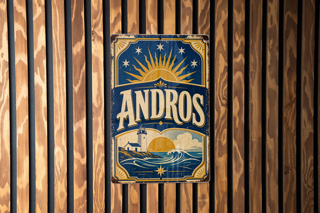 A vintage-style sign with the word "ANDROS" prominently displayed, featuring a lighthouse and a sun-like symbol.