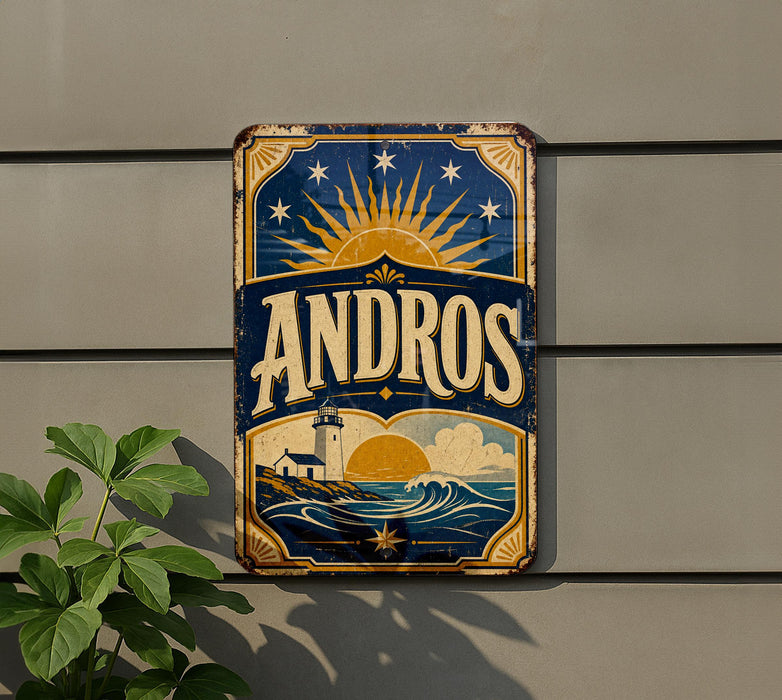 A vintage-style metal sign with the word "ANDROS" prominently displayed, featuring a lighthouse and a sunset in the background.