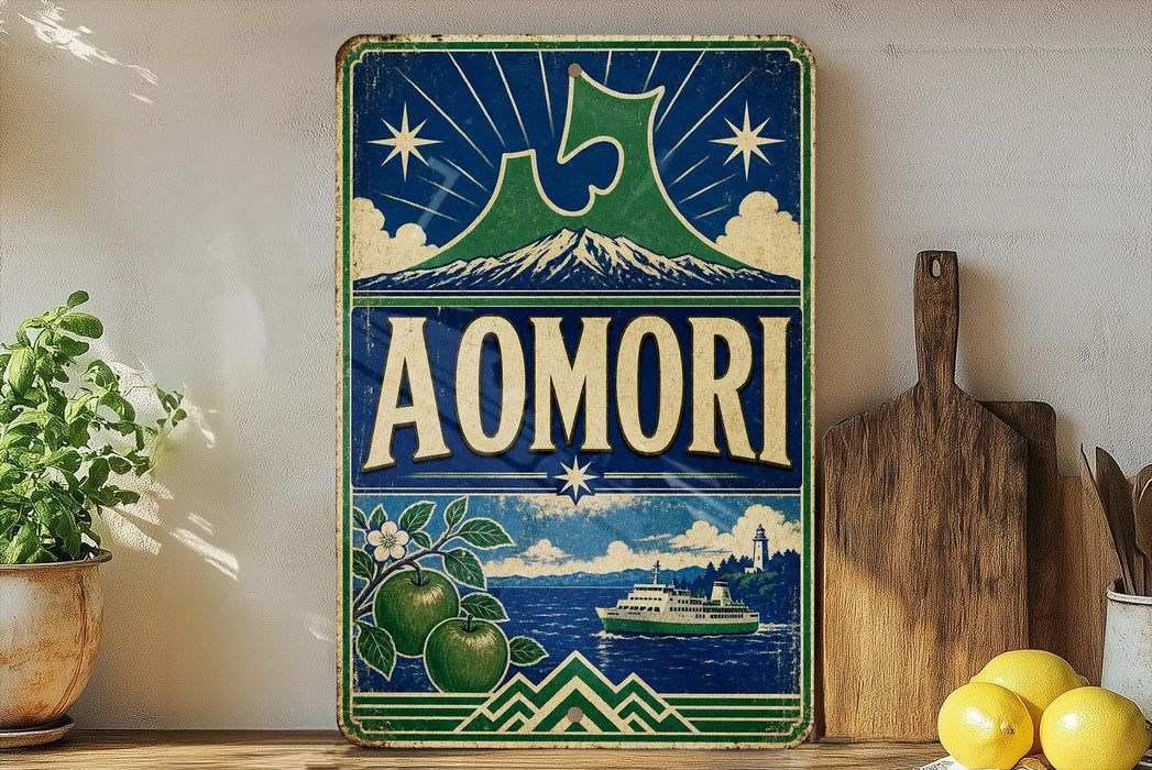 A vintage-style metal sign with the word "AOMORI" prominently displayed, featuring a mountain landscape, a ship, and apples.
