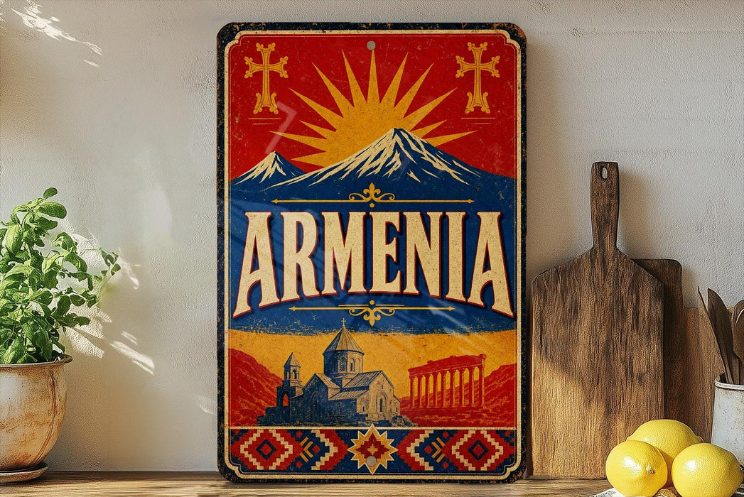 a vintage-style sign with the word "ARMENIA" prominently displayed, along with a mountain and sun motif. The sign is placed on a shelf next to a wooden cutting board and a potted plant.