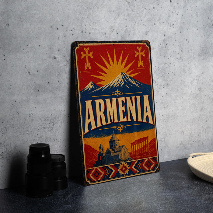 A vintage-style metal sign with the word "ARENIA" prominently displayed, featuring a mountain landscape and a sunburst design.