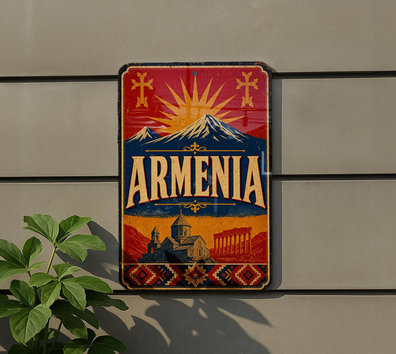 A vintage-style sign with the word "ARMENIA" prominently displayed, featuring a mountain landscape and a sunburst design.