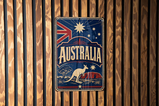 A vintage-style metal sign with the word "AUSTRALIA" prominently displayed, featuring a kangaroo and the Australian flag.