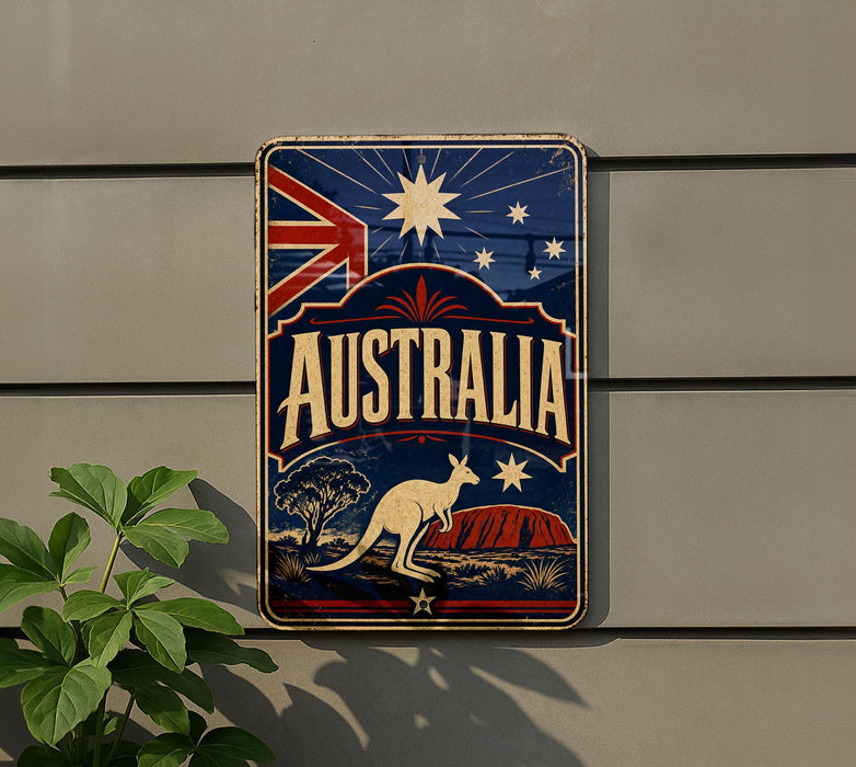 a vintage-style sign with the word "AUSTRALIA" prominently displayed, along with a kangaroo and other Australian symbols. The sign is mounted on a wall, and there is a plant visible to the left of the sign.