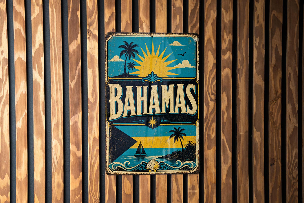 A vintage-style metal sign with the word "BAHAMAS" prominently displayed, featuring a tropical beach scene with palm trees, a sun, and a boat.