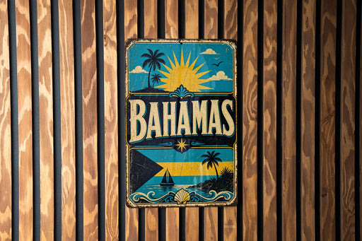 A vintage-style metal sign with the word "BAHAMAS" prominently displayed, featuring a tropical beach scene with palm trees, a sun, and a boat.