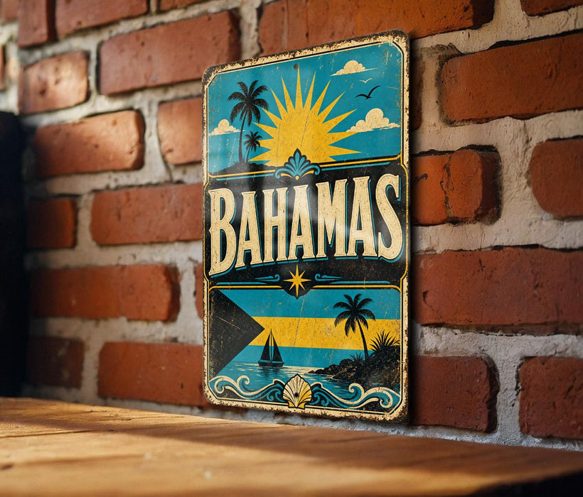 A vintage-style sign with the word "BAHAMAS" prominently displayed, featuring a tropical beach scene with palm trees, a sun, and a sailboat.