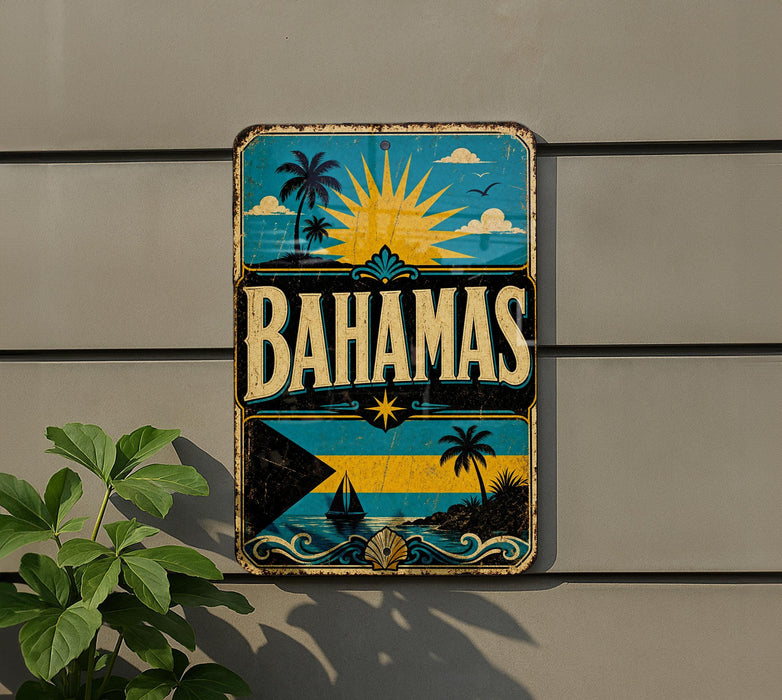 A vintage-style sign with the word "BAHAMAS" prominently displayed, featuring a tropical beach scene with palm trees, a sun, and a sailboat.