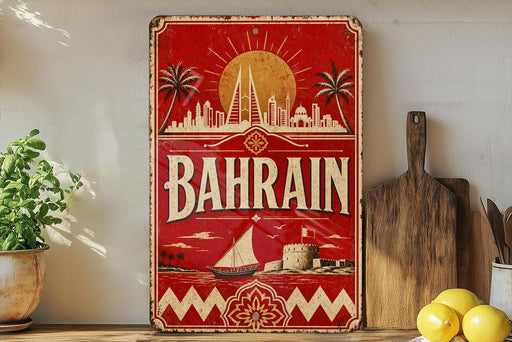 a vintage-style sign with the word "BAHRAIN" prominently displayed, along with a sailboat and a city skyline. The sign is placed on a wooden surface, surrounded by various kitchen utensils and a potted plant.