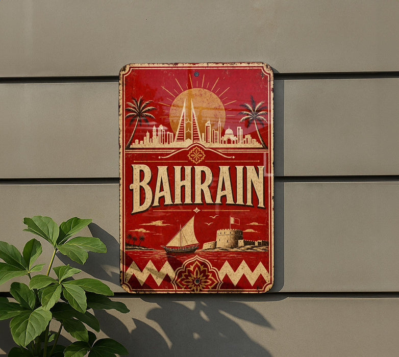 a vintage-style sign with the word "BAHRAIN" prominently displayed, along with a cityscape and a sailboat illustration.