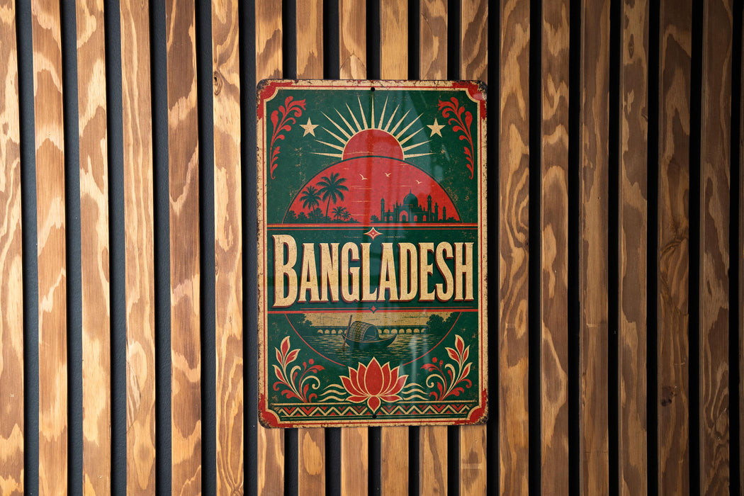 A vintage metal sign with the word "BANGLADESH" prominently displayed, featuring a sun and palm trees in the background.