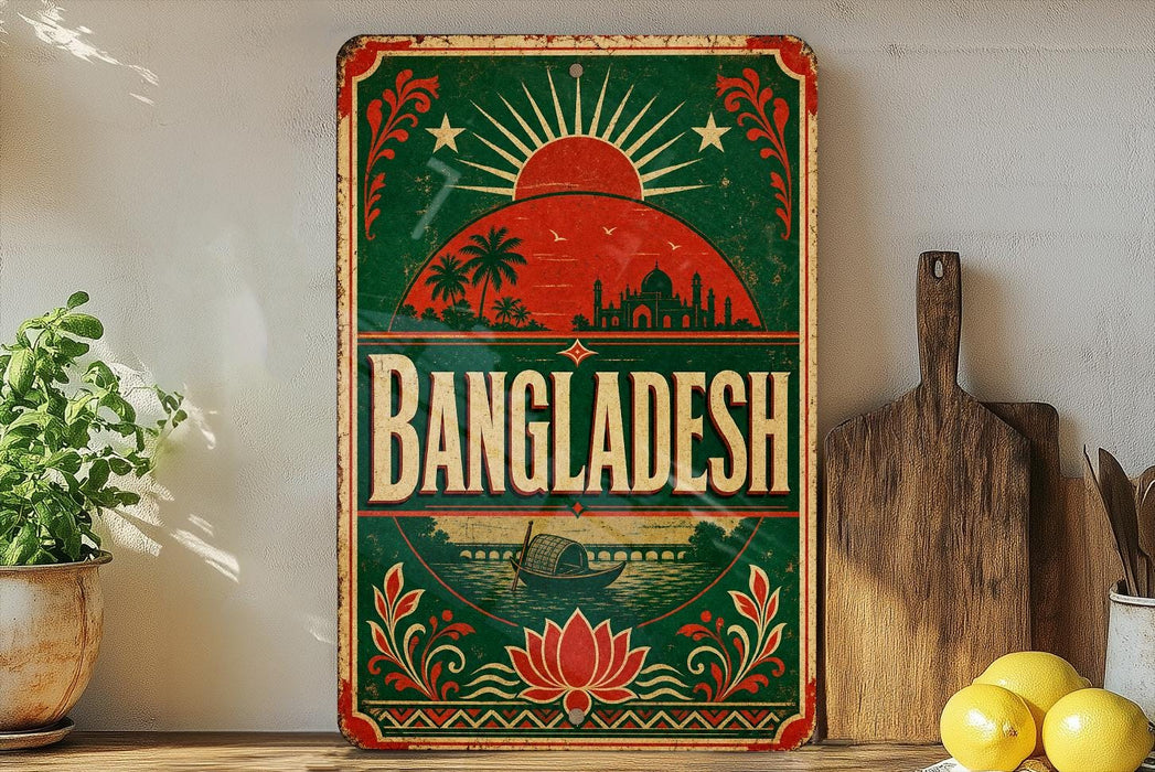 a vintage-style sign with a tropical design, including a sun, palm trees, and a city skyline, along with the word "BANGLADESH" prominently displayed.