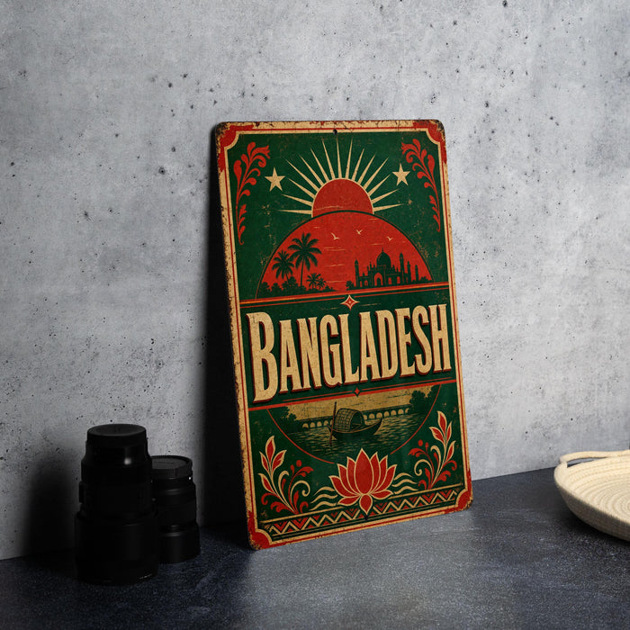 A vintage-style sign with the word "BANGLADESH" prominently displayed, featuring a sun and palm trees, along with other decorative elements.