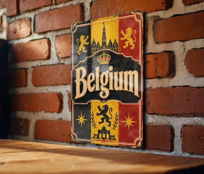 A vintage-style metal sign with the word "Belgium" prominently displayed, featuring a coat of arms and a castle-like structure.