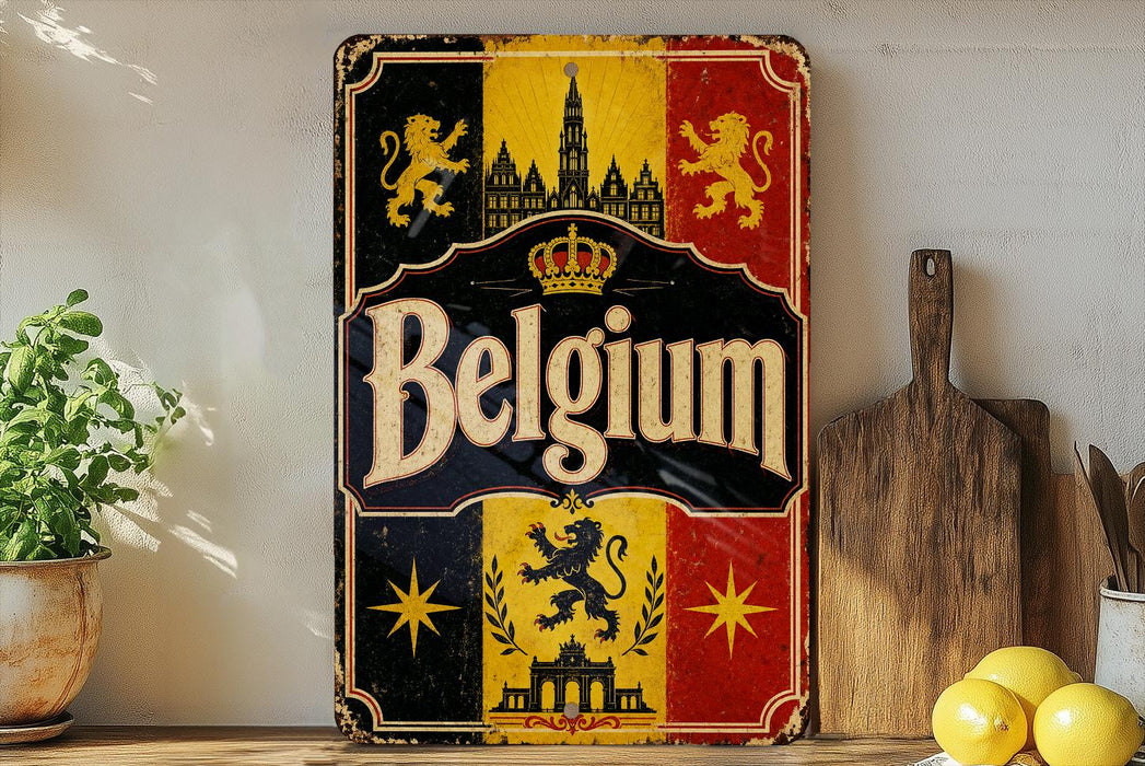 A vintage-style metal sign with the word "Belgium" prominently displayed, featuring a coat of arms and a castle-like structure. The sign is placed on a wooden surface, with a potted plant, a wooden cutting board, and some lemons nearby.