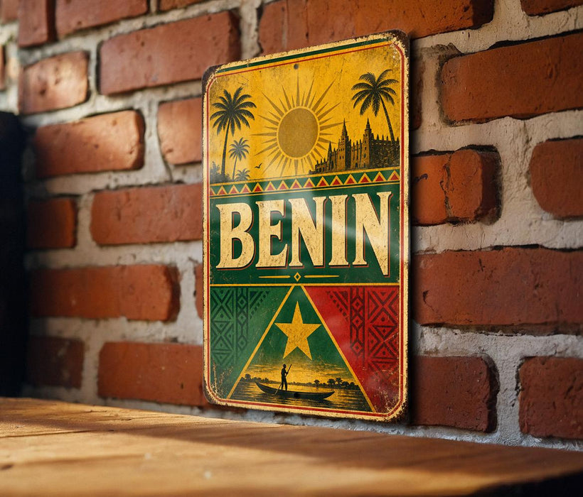 a vintage-style metal sign with the word "BENIN" prominently displayed, hanging on a brick wall.
