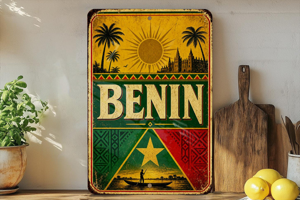 a vintage-style sign with the word "BENIN" prominently displayed, surrounded by a tropical landscape with palm trees and a sun. The sign is placed on a wooden surface, with a potted plant and a wooden cutting board nearby.