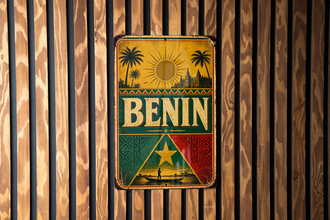 a vintage-style metal sign with the word "BENIN" prominently displayed, surrounded by a tropical landscape with palm trees and a sun.