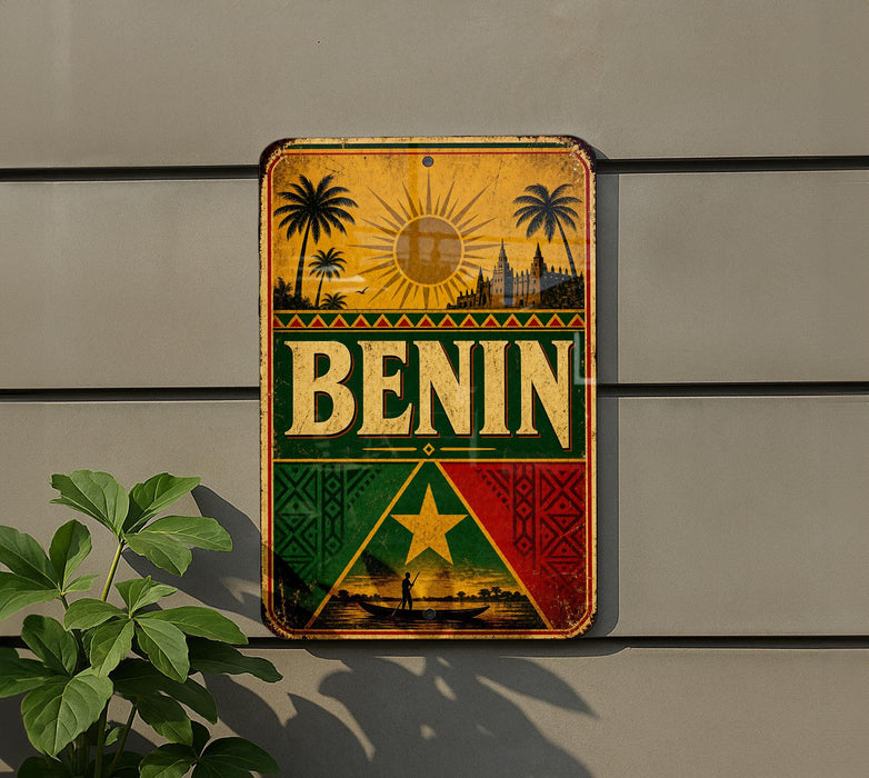 a vintage-style sign with the word "BENIN" prominently displayed, surrounded by various tropical and cultural elements such as palm trees, a sun, and a boat.