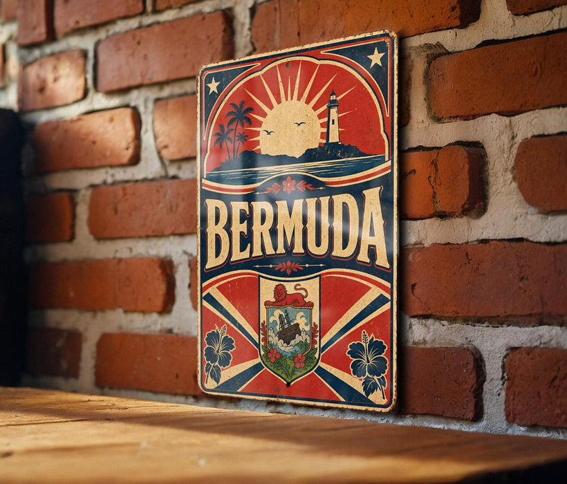 A vintage metal sign with the word "BERMUDA" prominently displayed, featuring a sun, lighthouse, and other nautical elements.