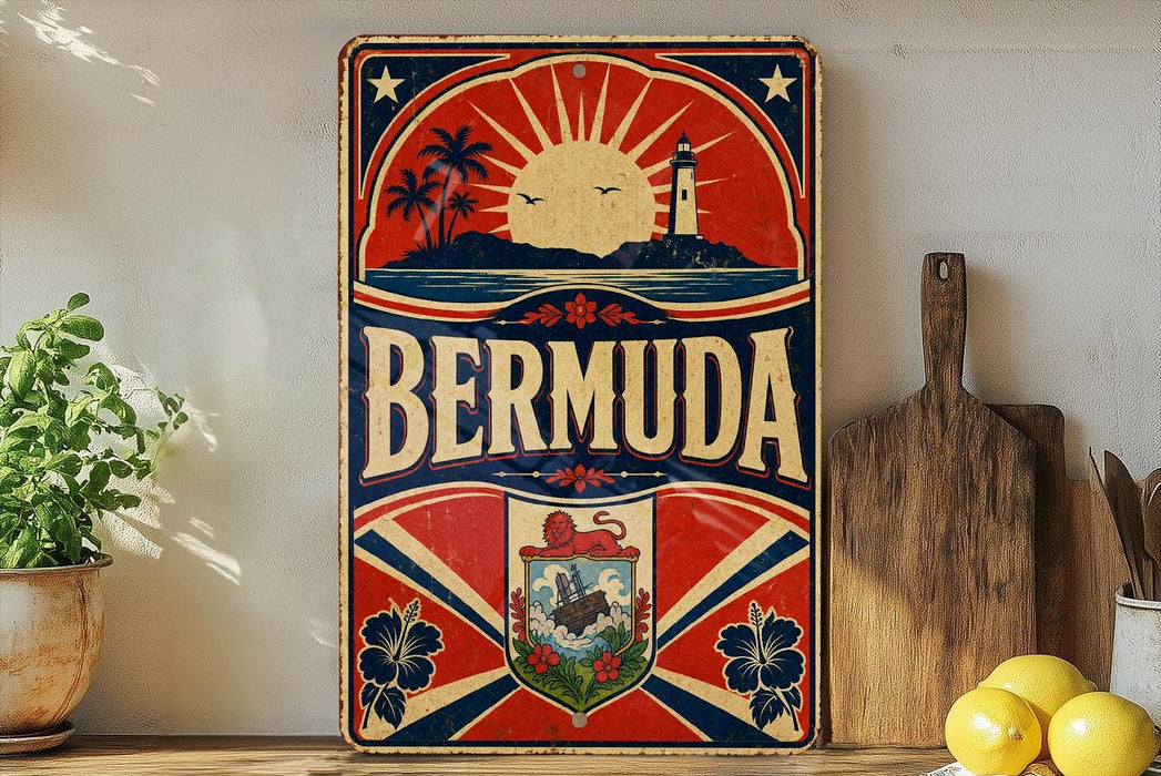 A vintage-style metal sign with the word "BERMUDA" prominently displayed, featuring a sun, lighthouse, palm trees, and other tropical elements. The sign is placed on a wooden surface, with a potted plant, a wooden cutting board, and some lemons nearby.