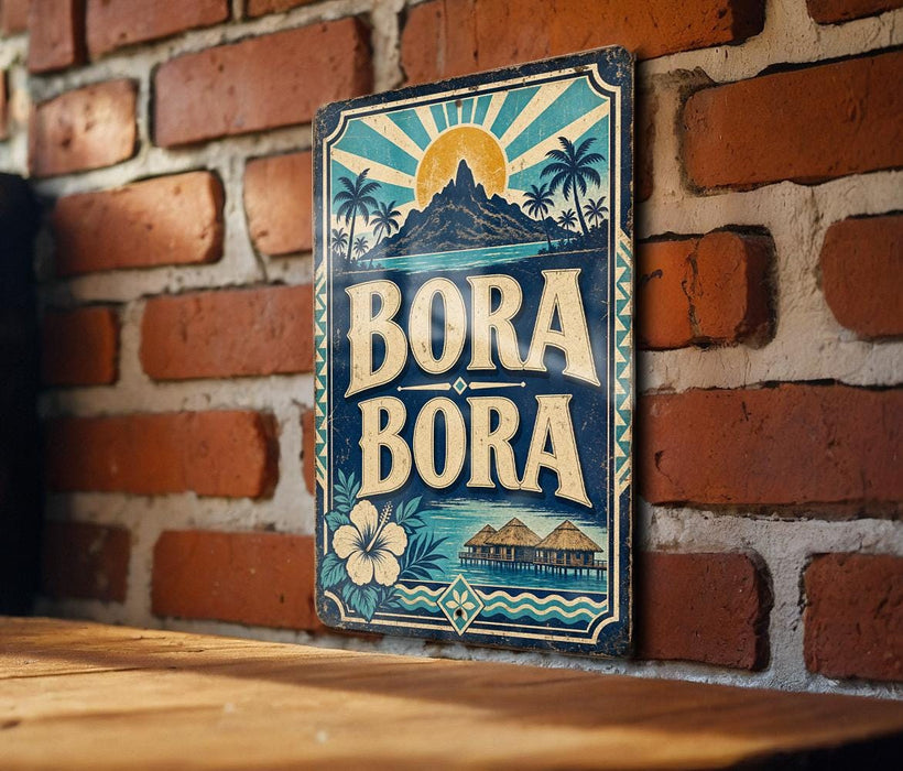 A vintage-style metal sign with the word "BORA" prominently displayed, featuring a tropical landscape with palm trees and a mountain in the background.