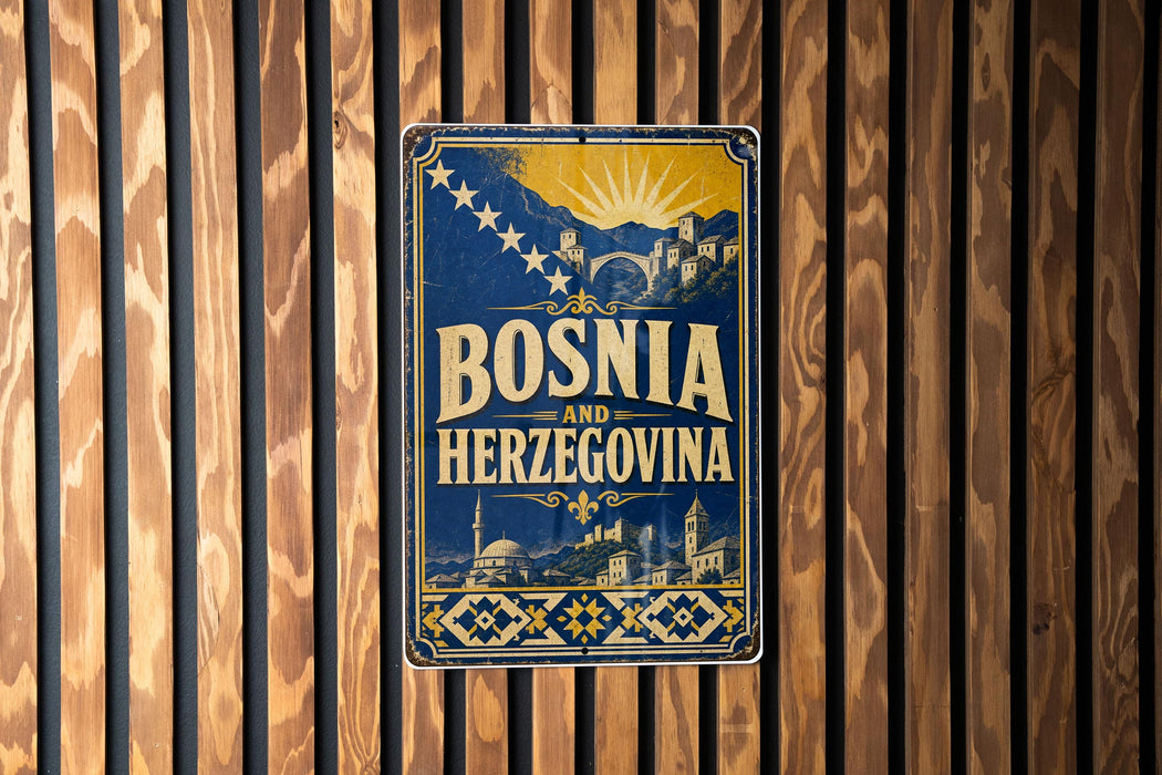 A vintage-style poster or sign with the text "Bosnia and Herzegovina" displayed prominently in the center, surrounded by a decorative border.