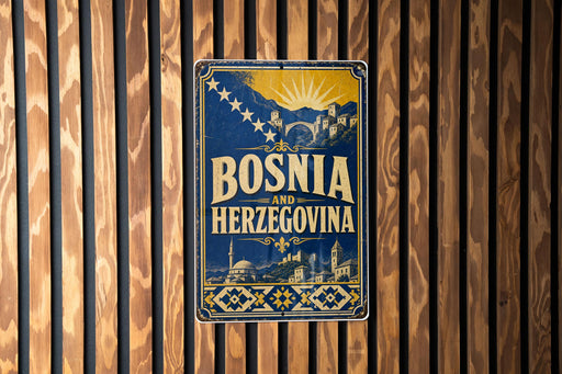 A vintage-style poster or sign with the text "Bosnia and Herzegovina" displayed prominently in the center, surrounded by a decorative border.