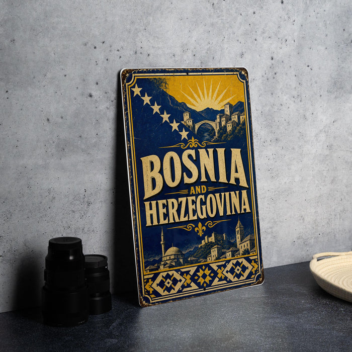 A vintage-style metal sign with the text "BOSNIA AND HERZEGOVINA" displayed prominently, featuring an illustration of a cityscape and a sun.