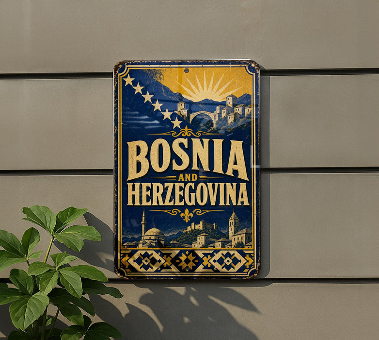 a vintage-style metal sign with the text "Bosnia and Herzegovina" displayed prominently.