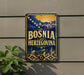 a vintage-style metal sign with the text "Bosnia and Herzegovina" displayed prominently.