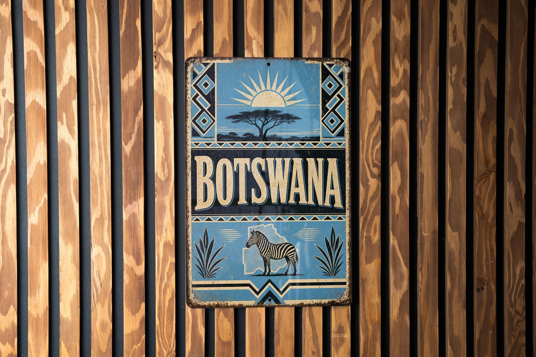 A vintage-style metal sign with the word "Botswana" prominently displayed, featuring a zebra and other wildlife elements.
