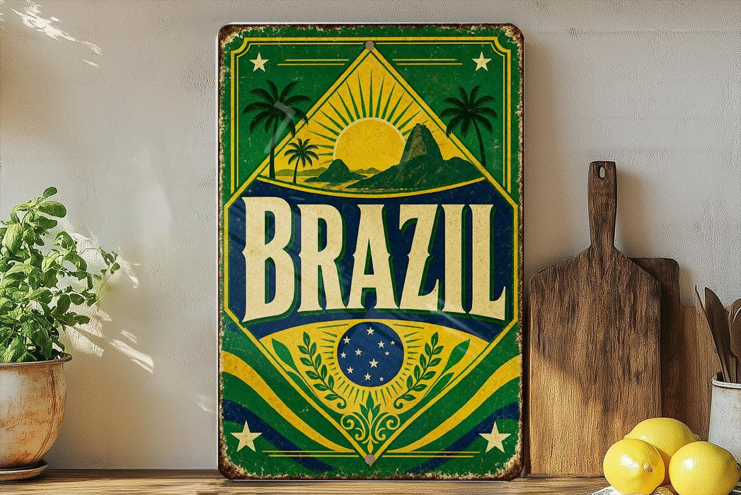 A vintage-style sign with the word "BRAZIL" prominently displayed, featuring a tropical landscape with palm trees and a sun. The sign is placed on a shelf next to a wooden cutting board and a potted plant.