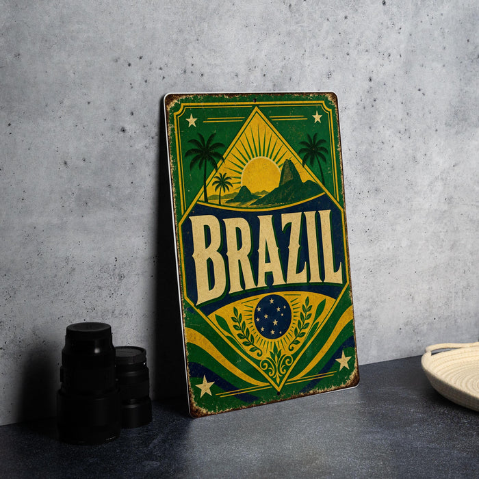 A vintage-style metal sign with the word "BRAZIL" prominently displayed, featuring a tropical landscape with palm trees and a sun.