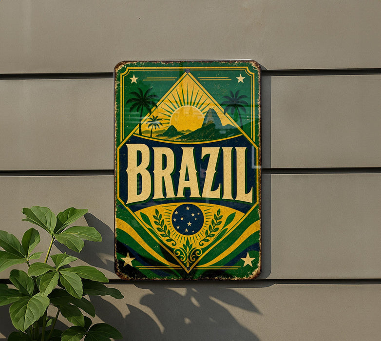 A vintage metal sign with the word "BRAZIL" prominently displayed, featuring a tropical landscape with palm trees and a sun.