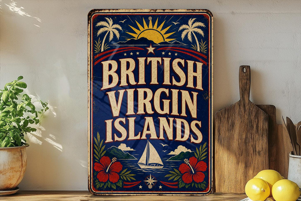 A vintage-style sign that reads "British Virgin Islands" with a sailboat and tropical elements, placed on a shelf next to a wooden cutting board and some lemons.
