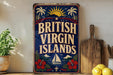 A vintage-style sign that reads "British Virgin Islands" with a sailboat and tropical elements, placed on a shelf next to a wooden cutting board and some lemons.