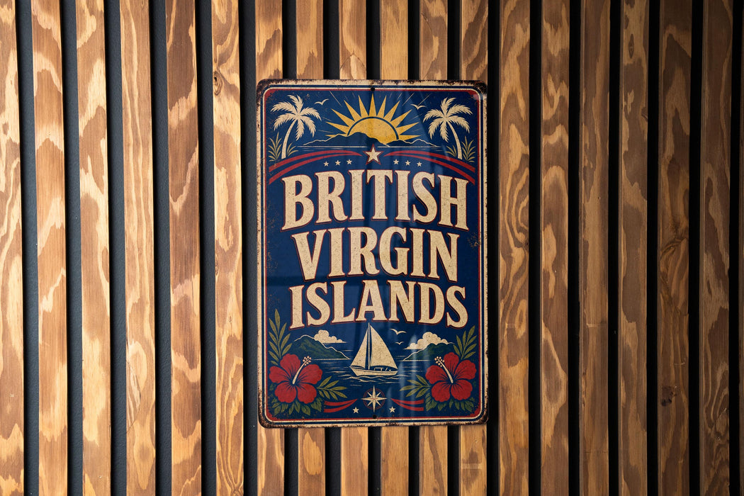 A vintage-style sign that reads "British Virgin Islands" is displayed on a wooden wall.