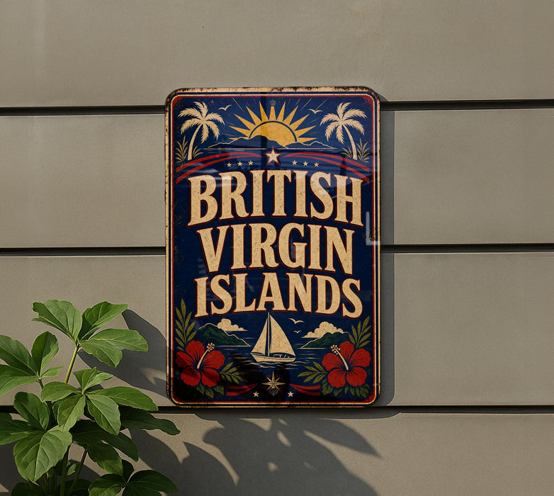 A vintage-style sign that reads "British Virgin Islands" is displayed on a wall, with a plant to the left of the sign.