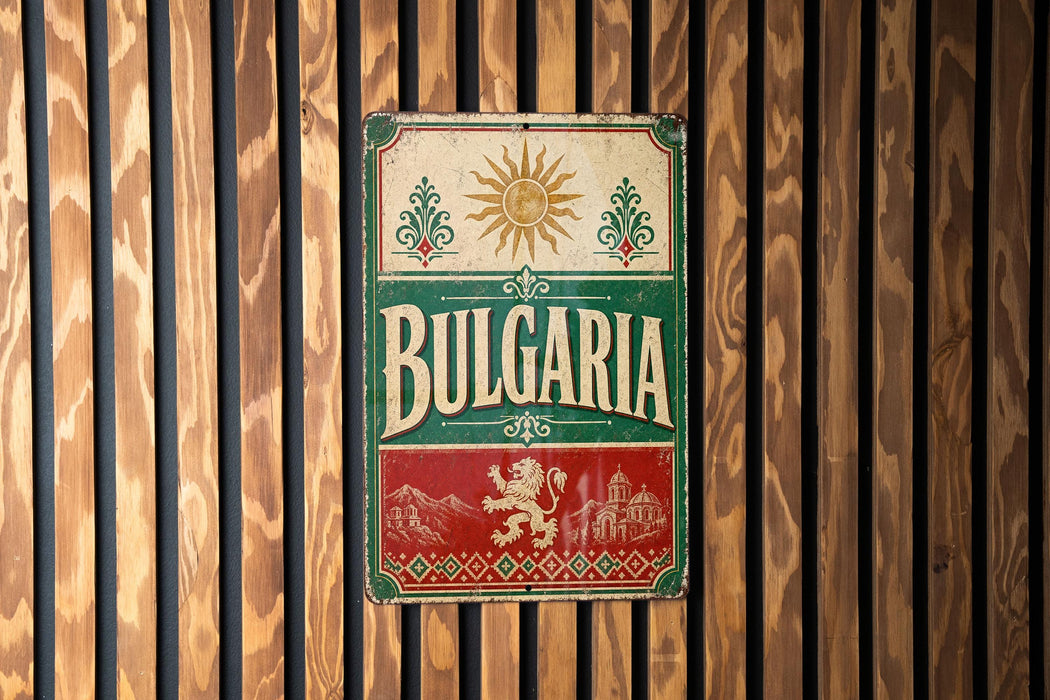A vintage metal sign with the word "Bulgaria" displayed prominently, featuring a sun and floral design.