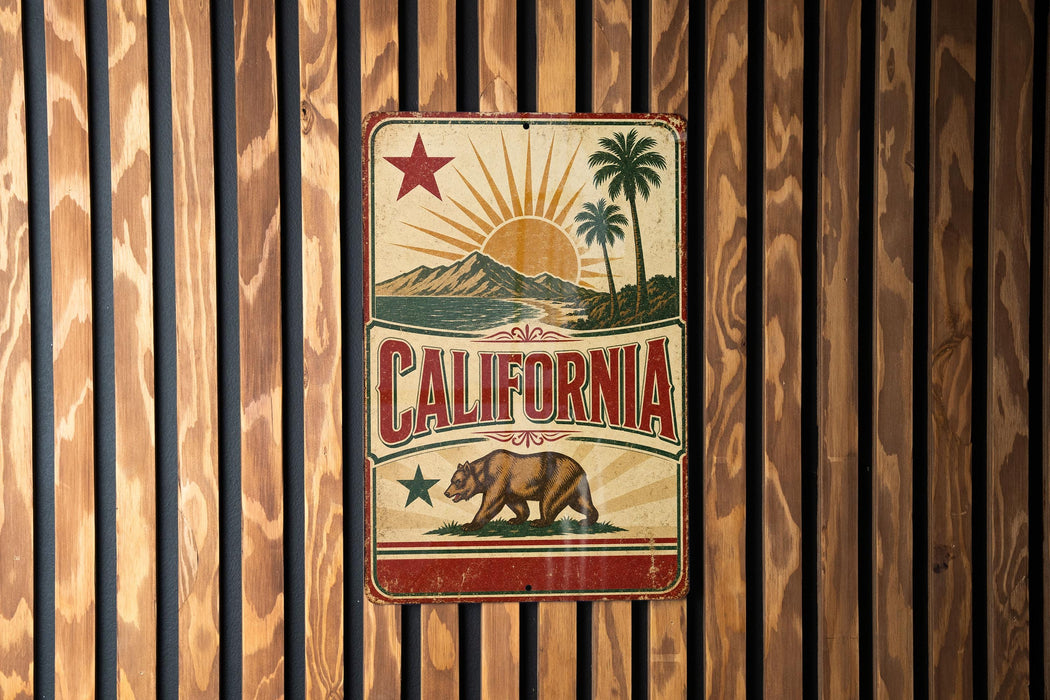 A vintage-style metal sign with the word "CALIFORNIA" prominently displayed, featuring a sun, palm trees, and a bear.
