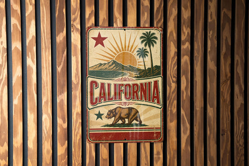A vintage-style metal sign with the word "CALIFORNIA" prominently displayed, featuring a sun, palm trees, and a bear.
