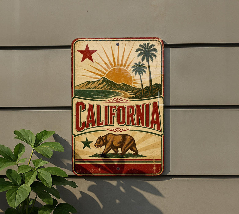 A vintage-style sign with the word "CALIFORNIA" prominently displayed, featuring a sun, palm trees, and a bear.