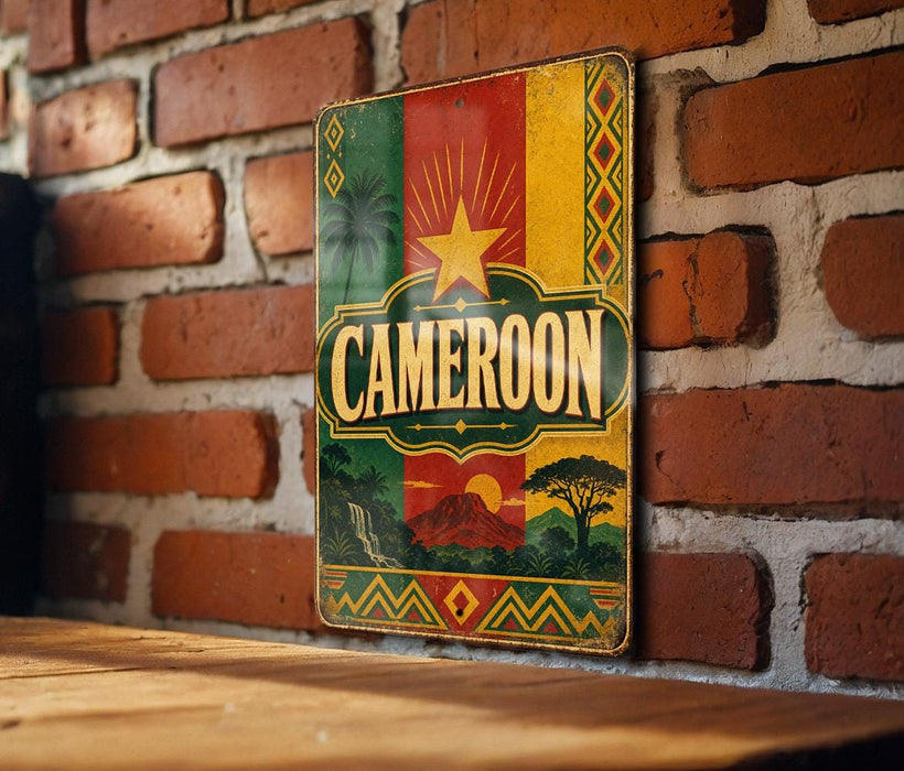 a vintage-style metal sign with the word "Cameroon" prominently displayed, hanging on a brick wall.