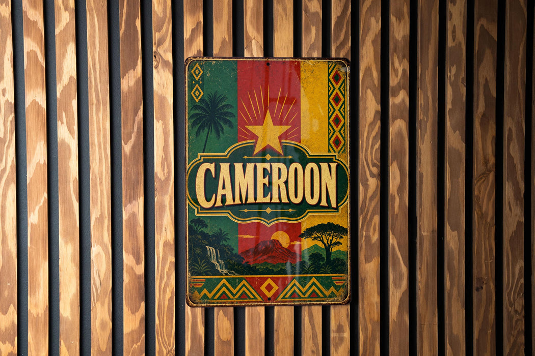 A vintage metal sign with the word "Cameroon" prominently displayed, featuring a colorful design with a palm tree, sun, and mountains.