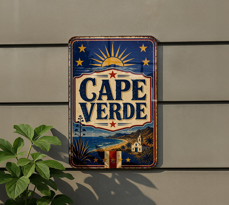 A vintage-style sign for Cape Verde beer is displayed on a wall, featuring a sun and stars design and a tropical landscape.