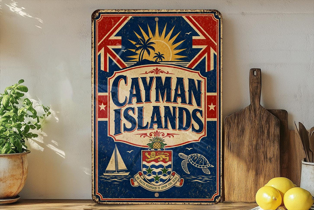 A vintage-style sign for the Cayman Islands, featuring a Union Jack flag, a sailboat, and a turtle, is displayed on a shelf next to a wooden cutting board and some lemons.