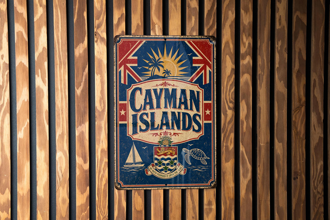 A vintage metal sign with the text "CAYMAN ISLANDS" and various symbols, including a British flag, a palm tree, and a ship, is displayed on a wooden wall.